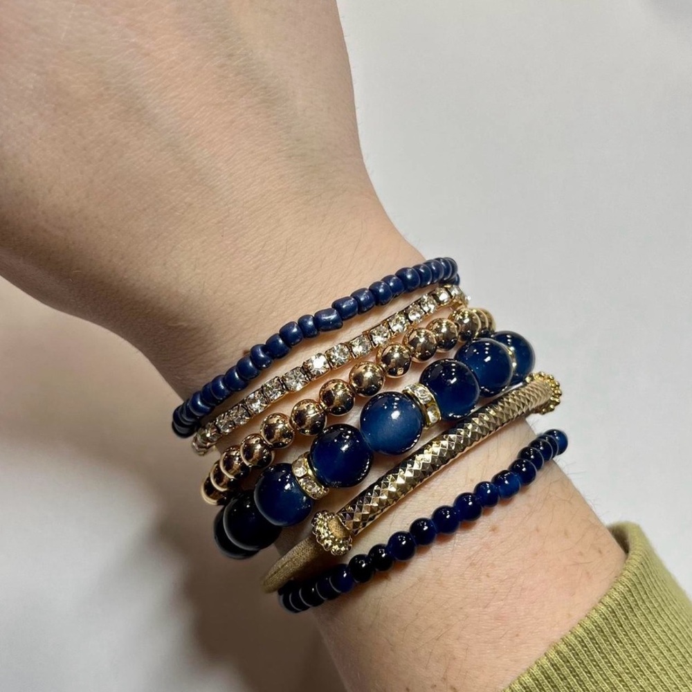 Elegant Blue and Gold Beaded Bracelet Set